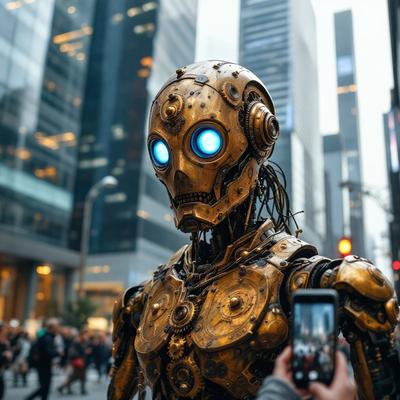 The primary subject of the image is a robot with a human-like face, wearing a gold helmet and blue eyes. The robot is standing in a city street, surrounded by people and various objects. The setting includes tall buildings in the background, and a traffic light is visible in the scene. The visual style of the image is a combination of photo and digital art, creating a unique and intriguing appearance. The colors and mood of the image are predominantly gold and blue, giving it a futuristic and technological feel.